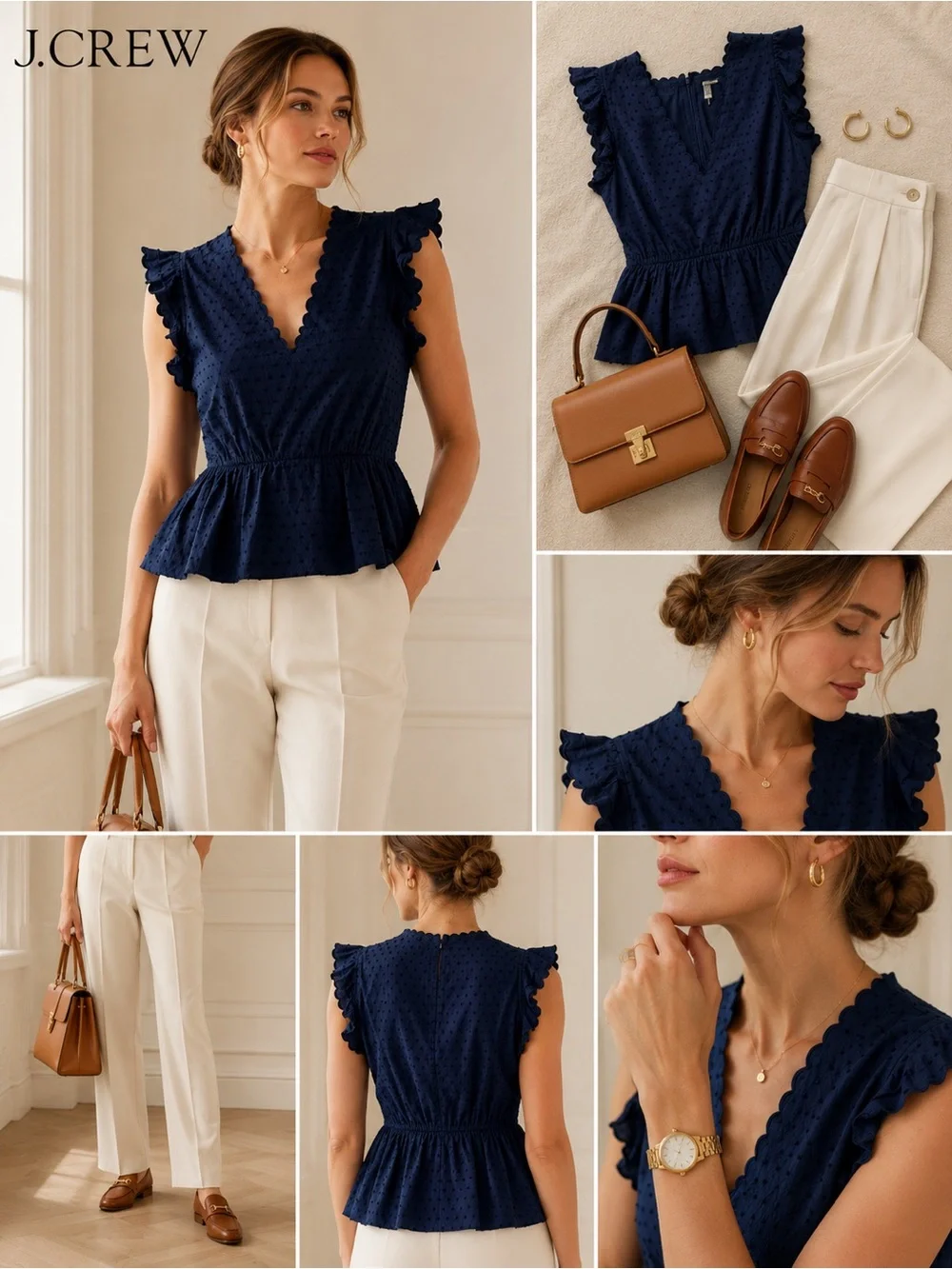 NWT J.Crew Women’s 12 Tall Navy Swiss Dot Ruffle Peplum Top Cotton Preppy B8